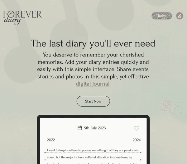 Screenshot of the Forever Diary website homepage