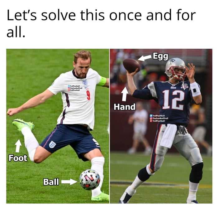 A footballer kicking a football and an American footballer holding an American football - caption "football vs handegg"